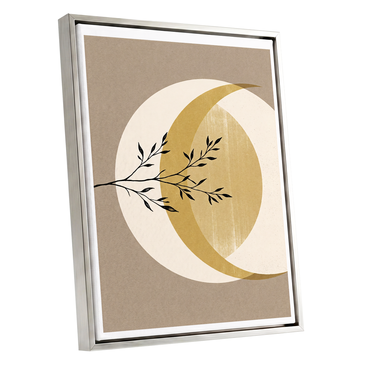 Gilded Lunar Branch, beige, gold, black nature wall art shown as a silver framed canvas wall art