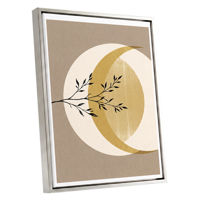 Gilded Lunar Branch, beige, gold, black nature wall art shown as a silver framed canvas wall art
