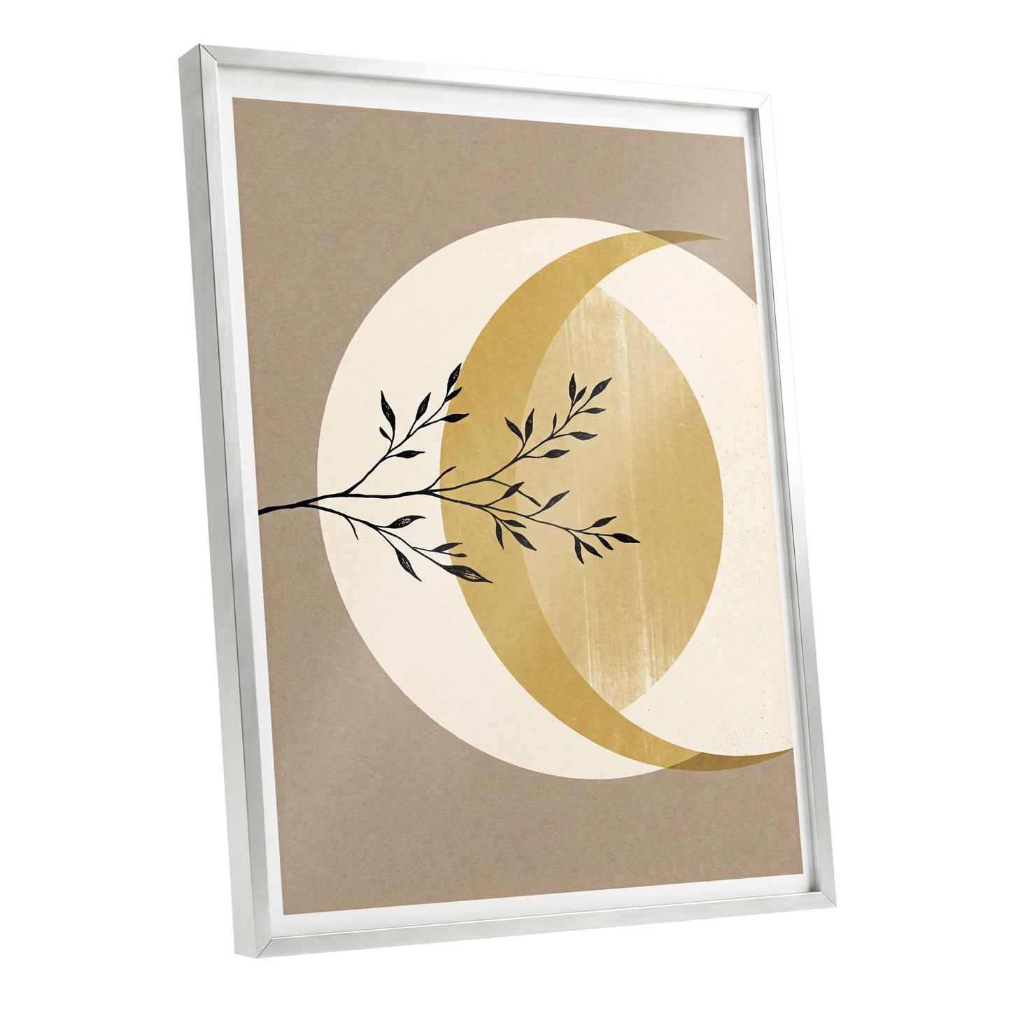 Gilded Lunar Branch, beige, gold, black nature wall art shown as a silver framed poster wall art print