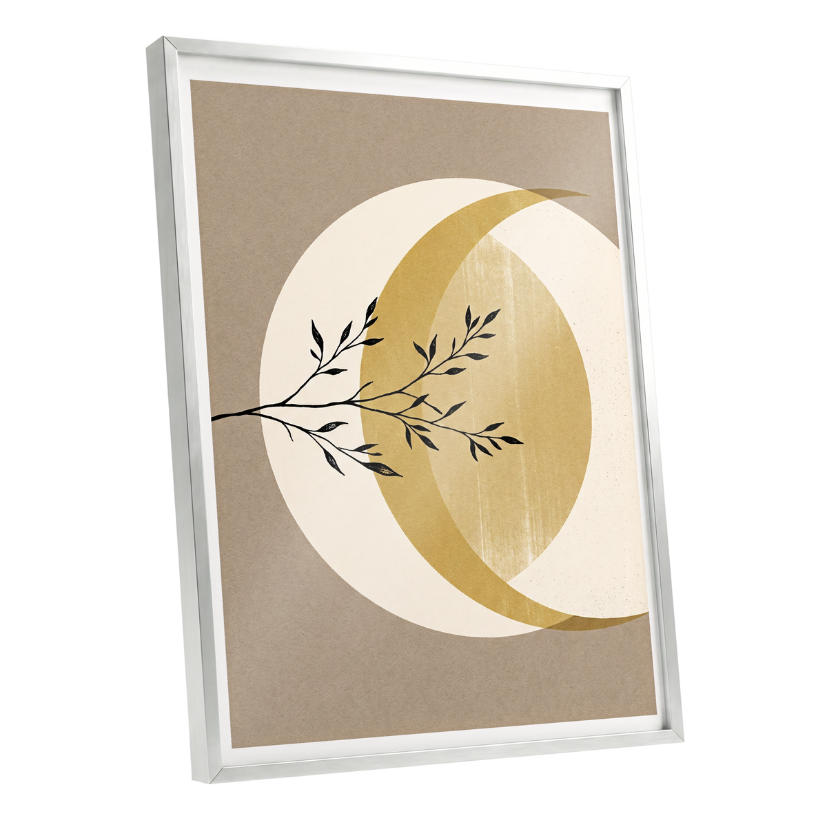 Gilded Lunar Branch, beige, gold, black nature wall art shown as a silver framed poster wall art print