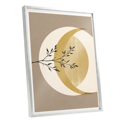 Gilded Lunar Branch, beige, gold, black nature wall art shown as a silver framed poster wall art print