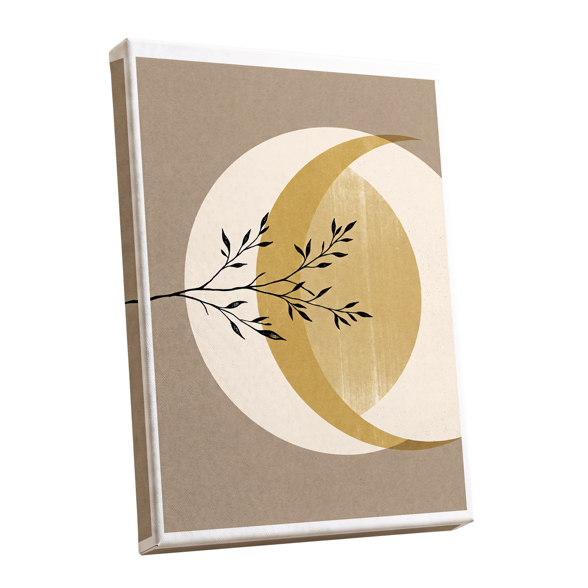 Gilded Lunar Branch, beige, gold, black nature wall art shown as a stretched canvas wall art
