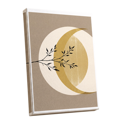 Gilded Lunar Branch, beige, gold, black nature wall art shown as a stretched canvas wall art