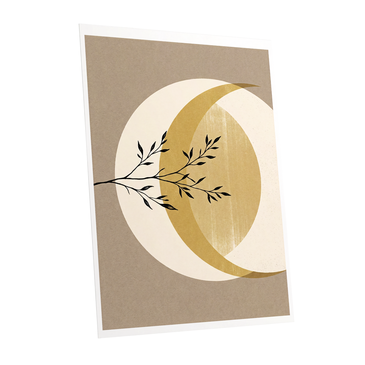 Gilded Lunar Branch, beige, gold, black nature wall art shown as a unframed poster wall art print