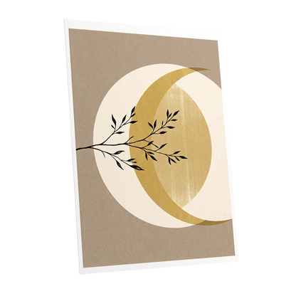 Gilded Lunar Branch, beige, gold, black nature wall art shown as a unframed poster wall art print