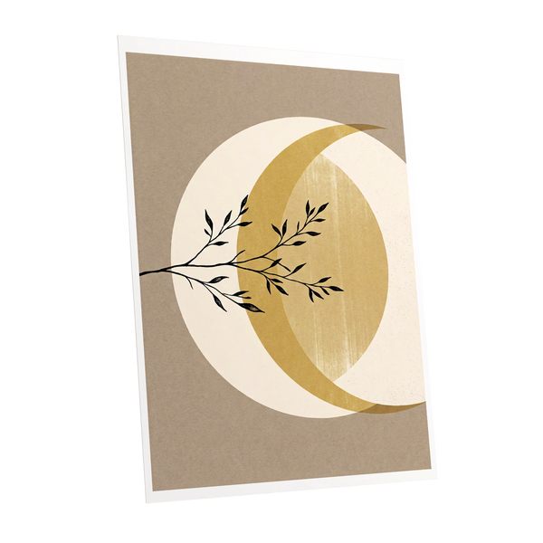Gilded Lunar Branch, beige, gold, black nature wall art shown as a unframed poster wall art print