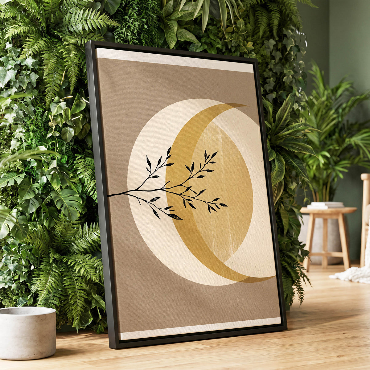 Gilded Lunar Branch, beige, gold, black nature wall art displayed in a styled interior, gallery view 1
