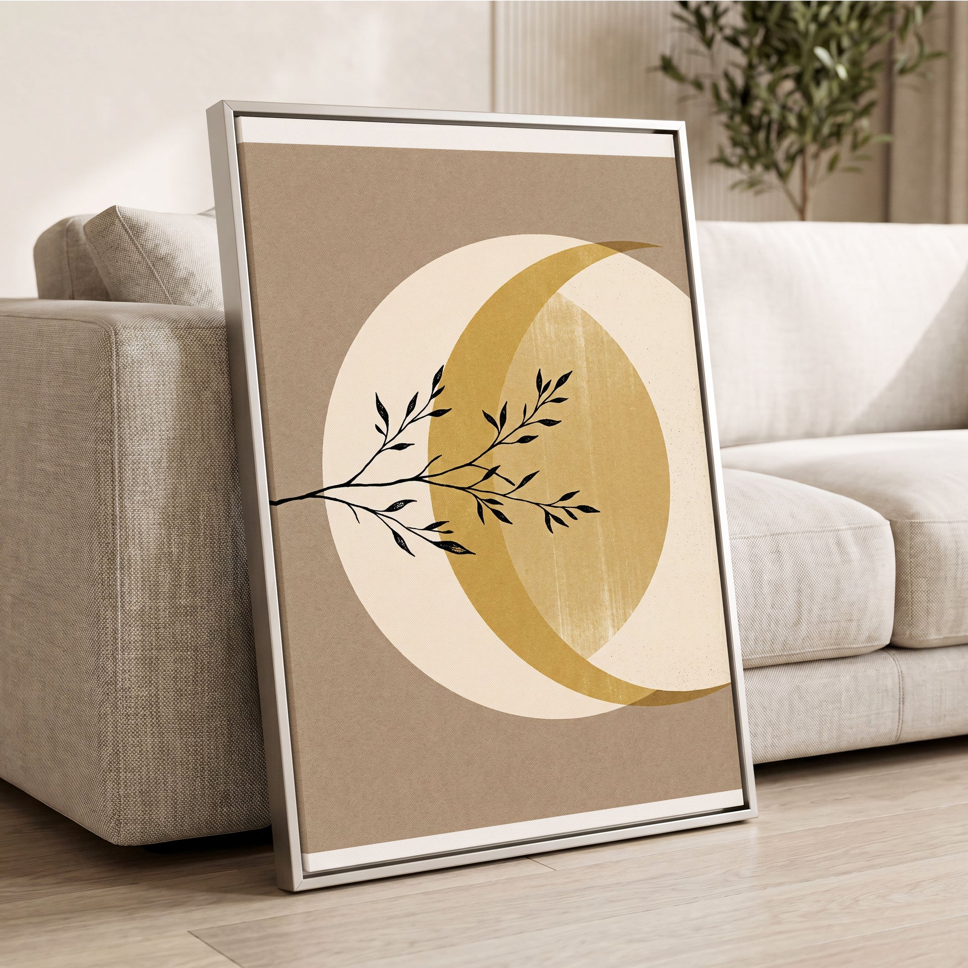 Gilded Lunar Branch, beige, gold, black nature wall art displayed in a styled interior, gallery view 2