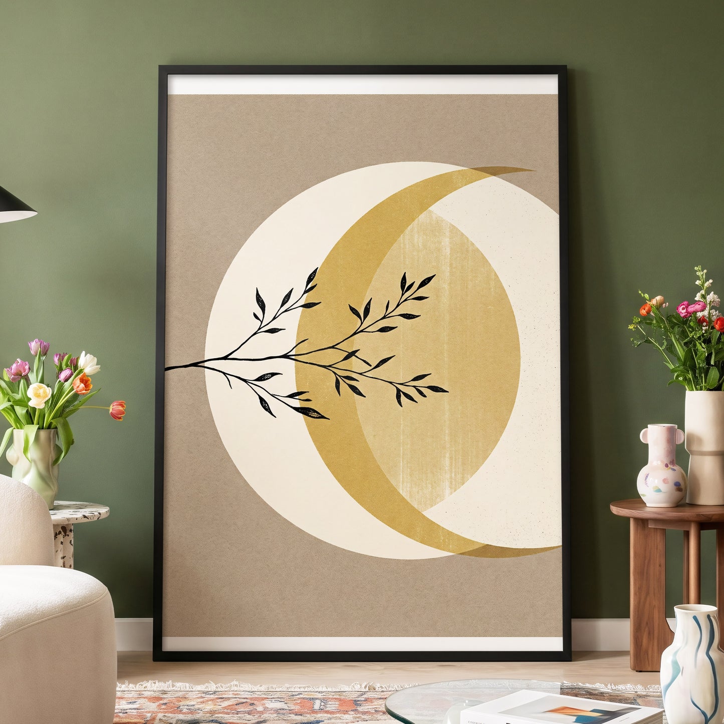 Gilded Lunar Branch, beige, gold, black nature wall art displayed in a styled interior, gallery view 4