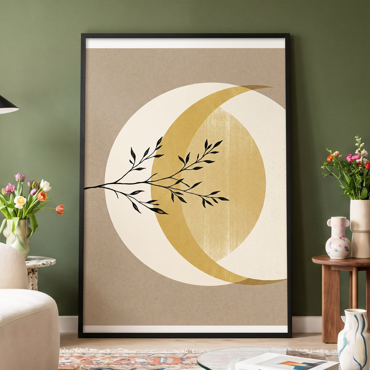 Gilded Lunar Branch, beige, gold, black nature wall art displayed in a styled interior, gallery view 4