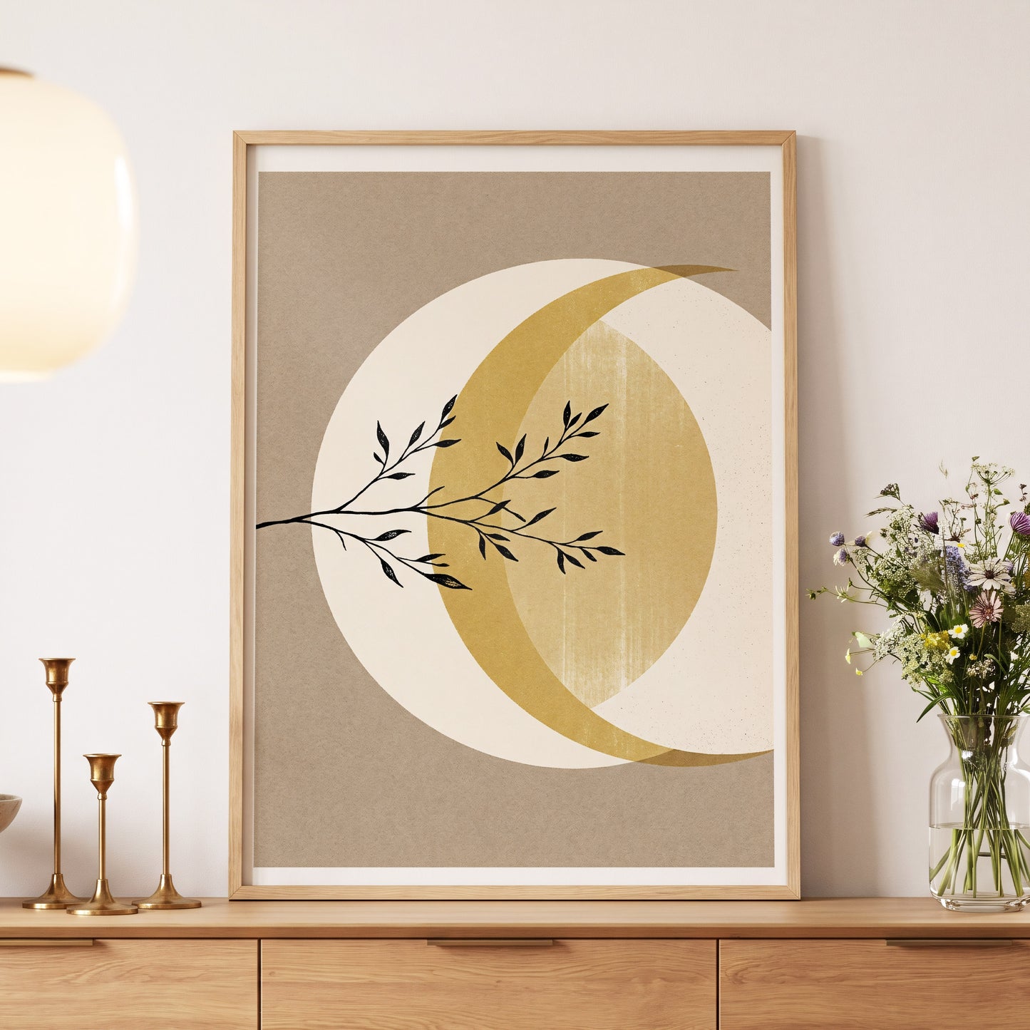 Gilded Lunar Branch, beige, gold, black nature wall art displayed in a styled interior, gallery view 5