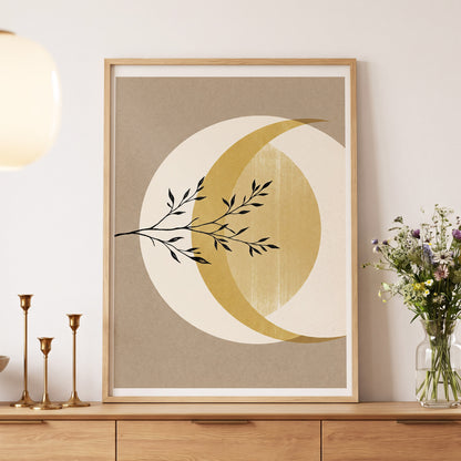 Gilded Lunar Branch, beige, gold, black nature wall art displayed in a styled interior, gallery view 5