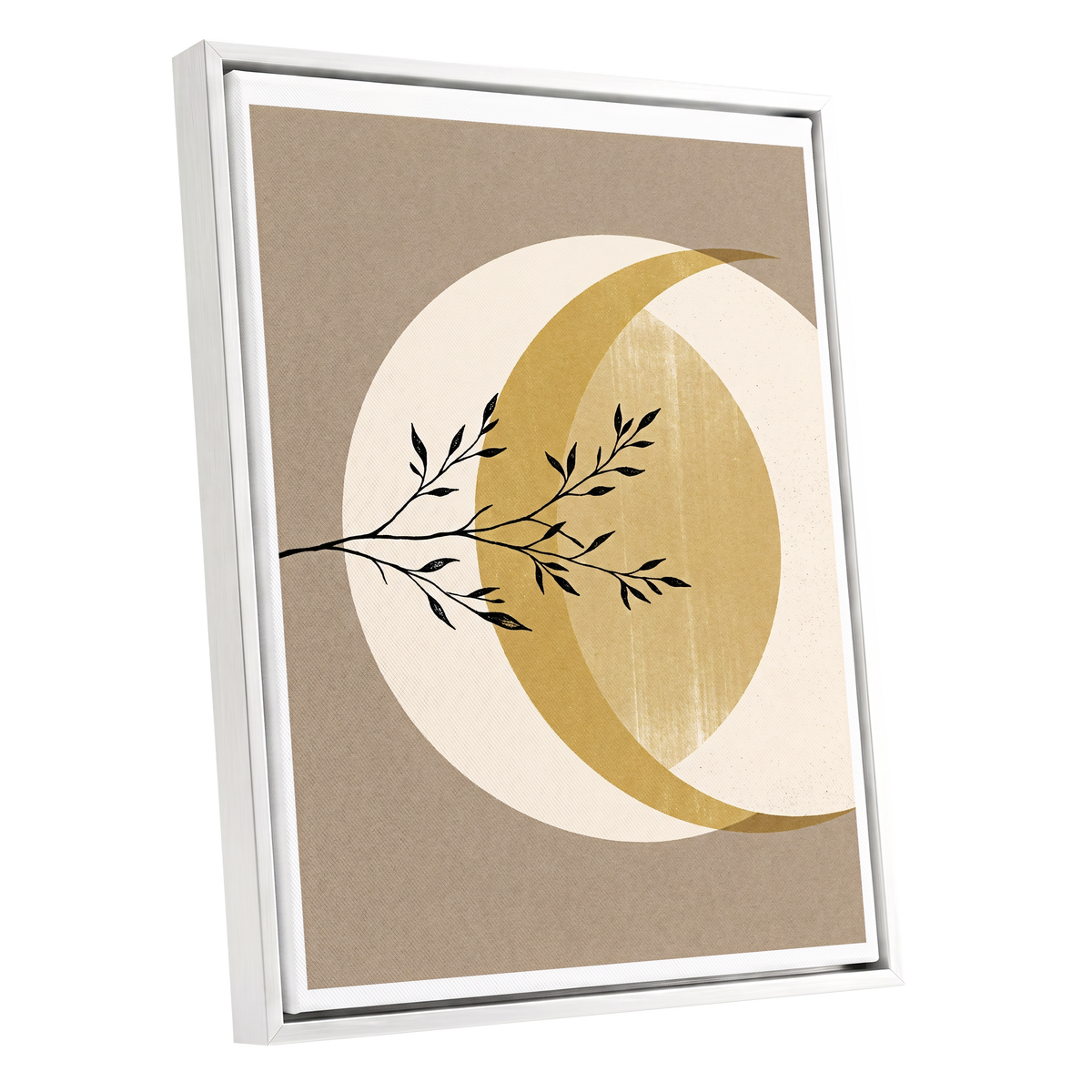 Gilded Lunar Branch, beige, gold, black nature wall art shown as a white framed canvas wall art