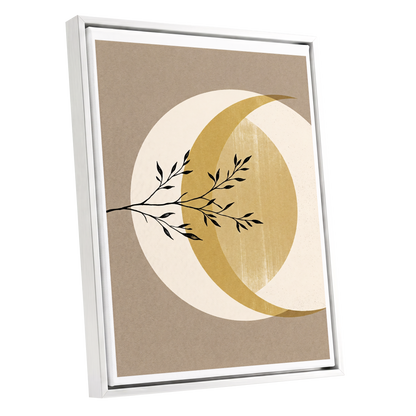 Gilded Lunar Branch, beige, gold, black nature wall art shown as a white framed canvas wall art