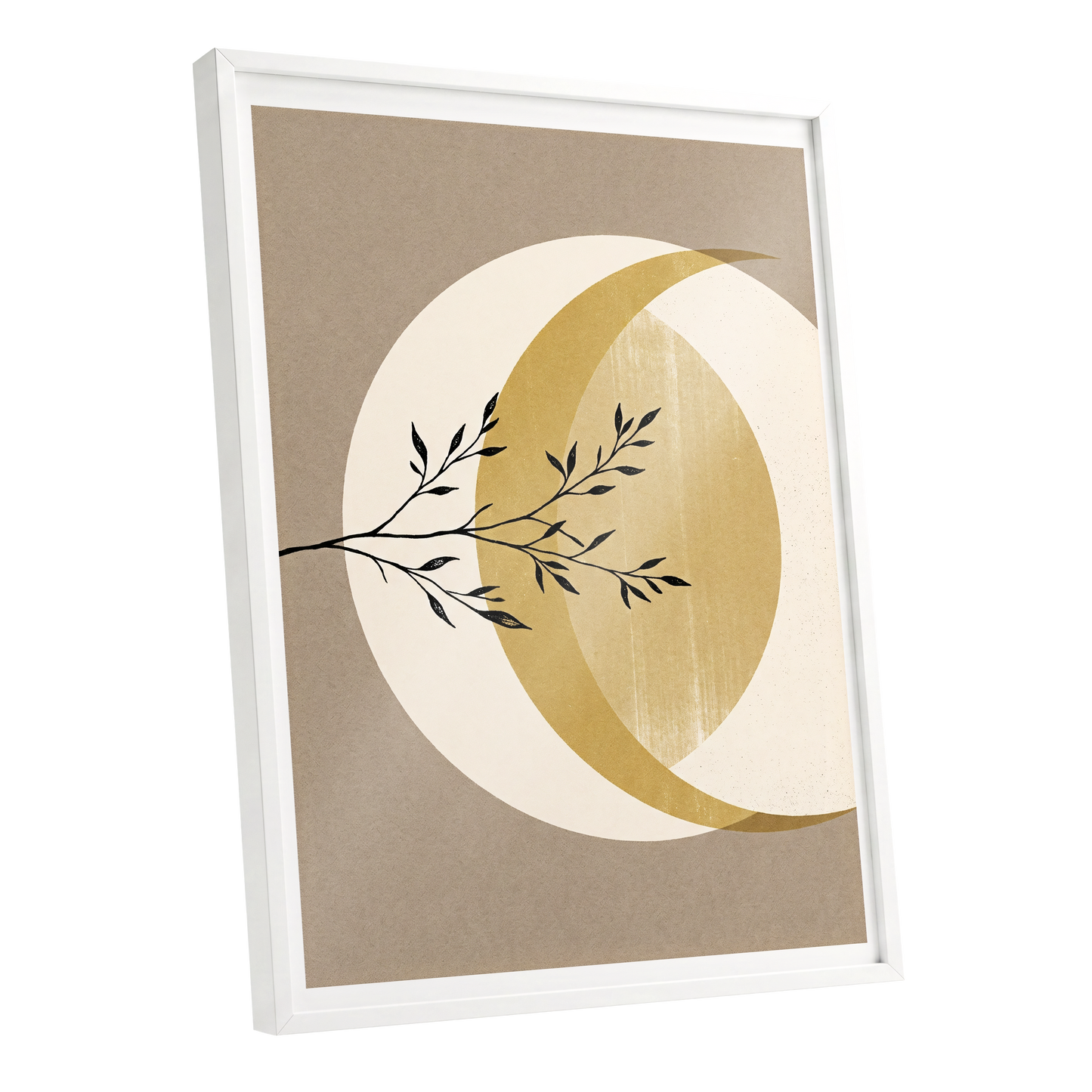 Gilded Lunar Branch, beige, gold, black nature wall art shown as a white framed poster wall art print
