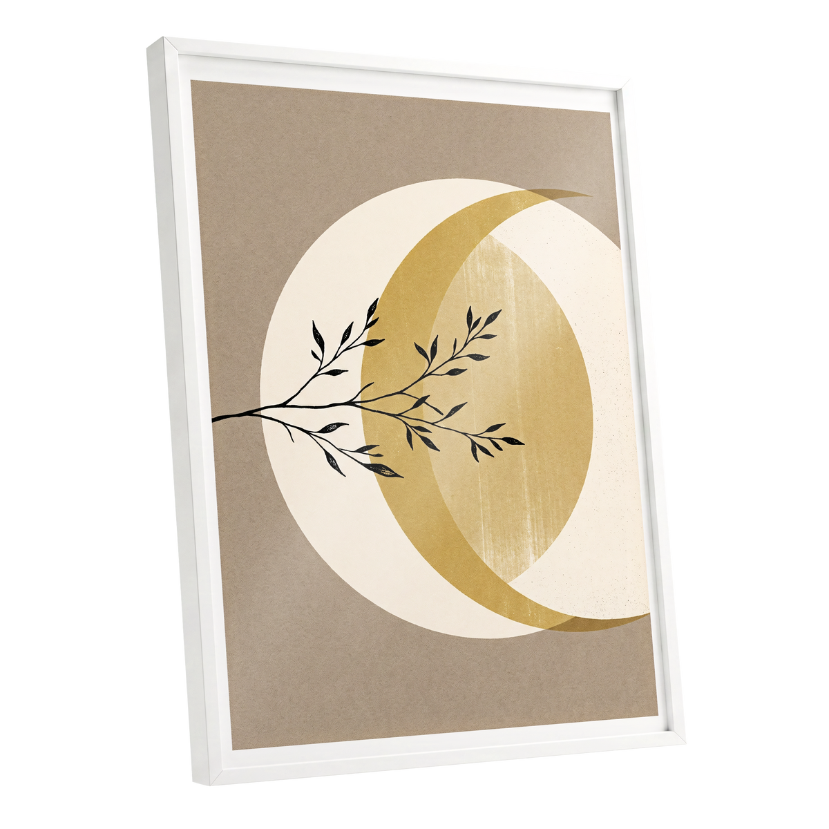 Gilded Lunar Branch, beige, gold, black nature wall art shown as a white framed poster wall art print