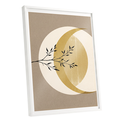 Gilded Lunar Branch, beige, gold, black nature wall art shown as a white framed poster wall art print