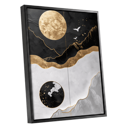 Gilded Lunar Drift, black, gold, white nature wall art shown as a black framed canvas wall art