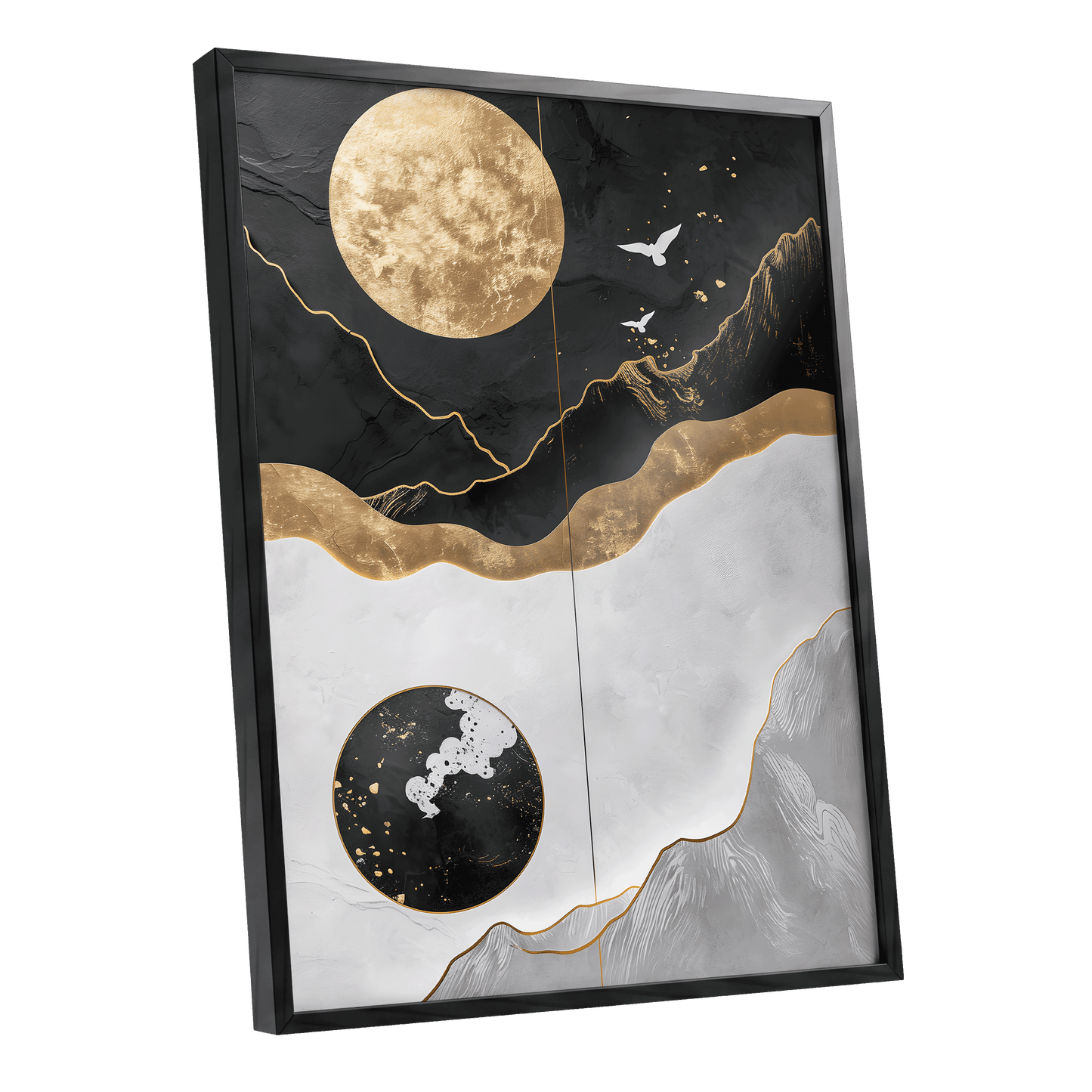 Gilded Lunar Drift, black, gold, white nature wall art shown as a black framed poster wall art print
