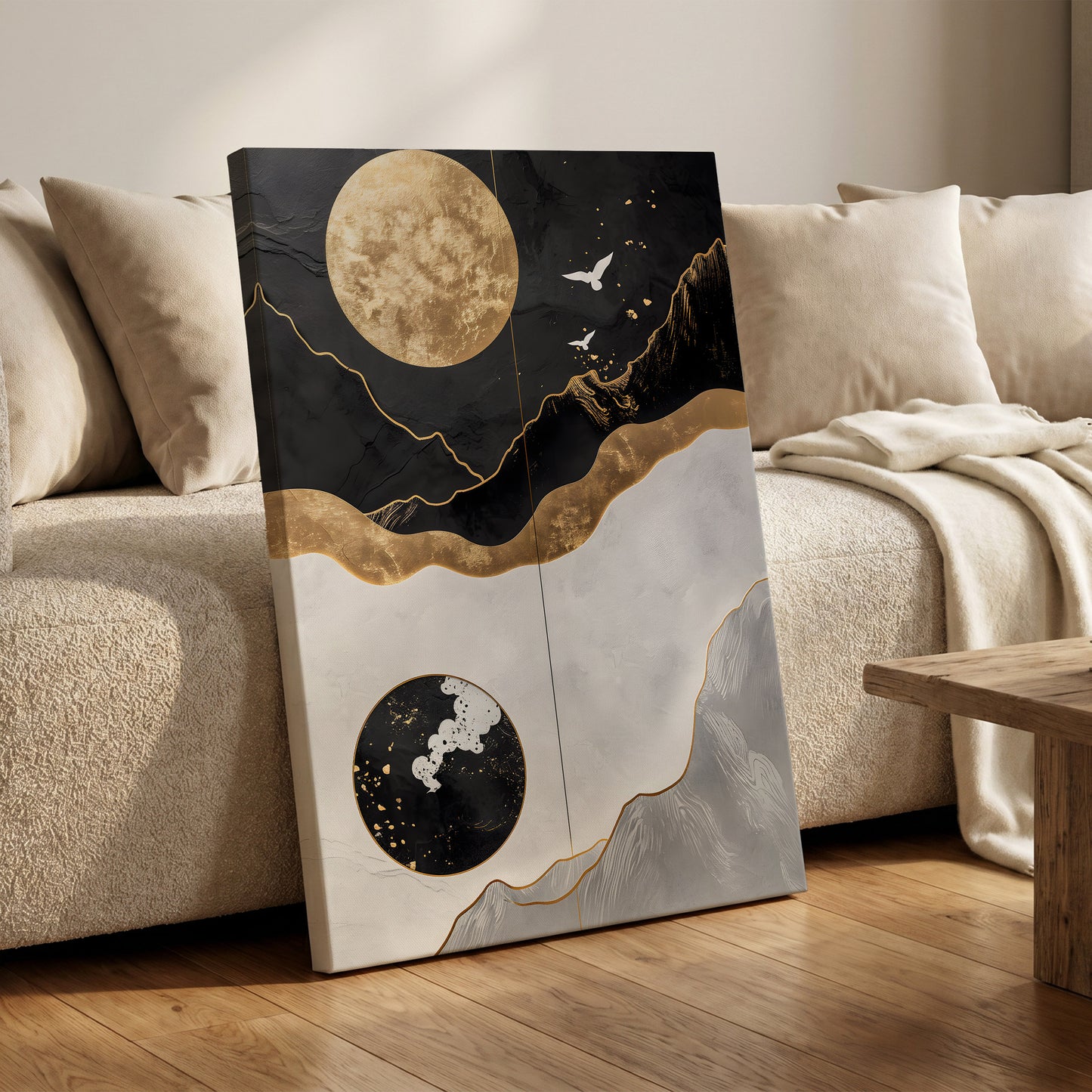 Gilded Lunar Drift, black, gold, white nature wall art on canvas displayed in a styled interior, gallery view 1