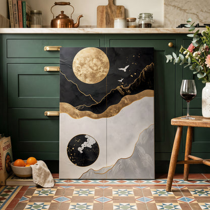 Gilded Lunar Drift, black, gold, white nature wall art on canvas displayed in a styled interior, gallery view 2