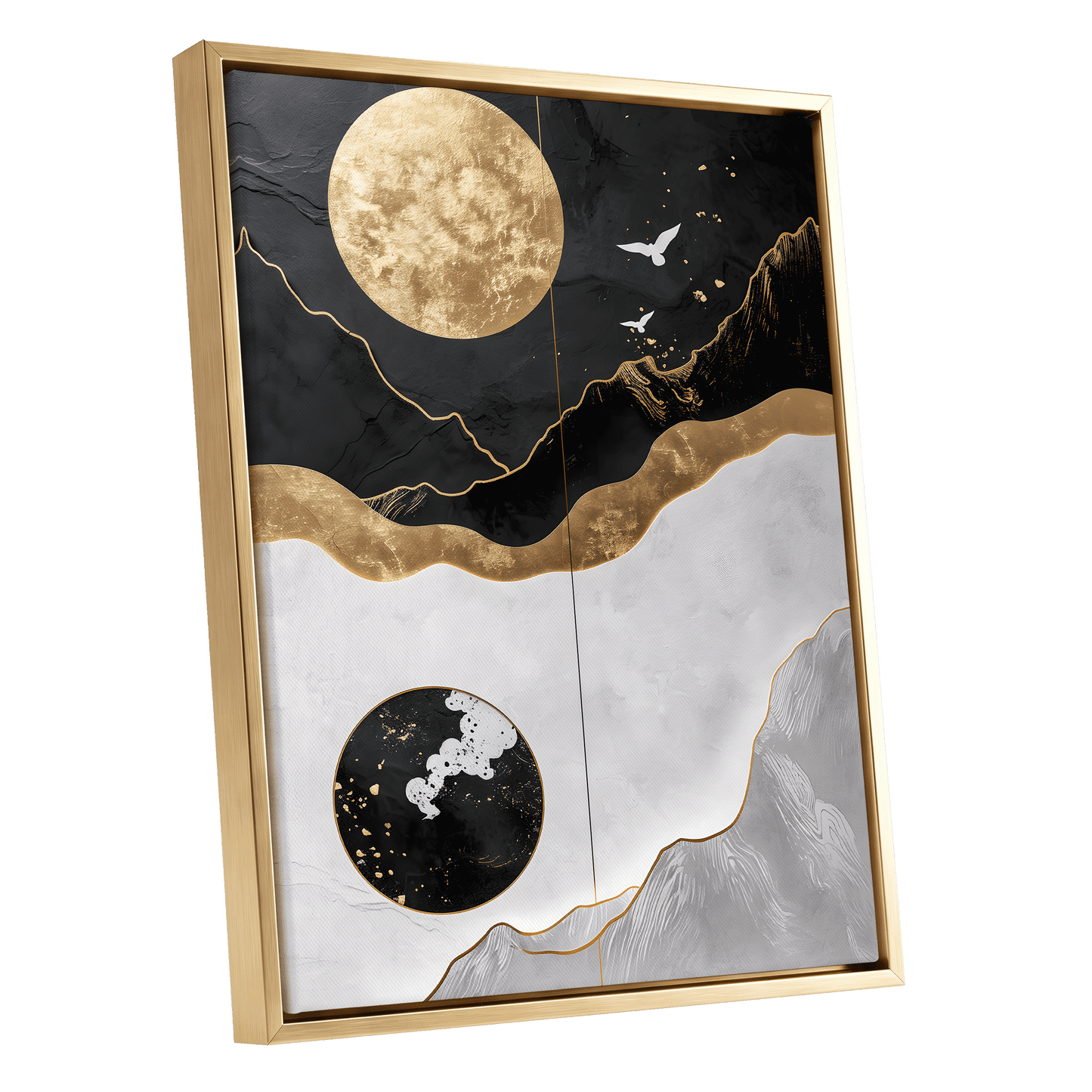 Gilded Lunar Drift, black, gold, white nature wall art shown as a gold framed canvas wall art