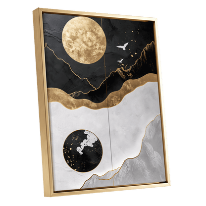 Gilded Lunar Drift, black, gold, white nature wall art shown as a gold framed canvas wall art