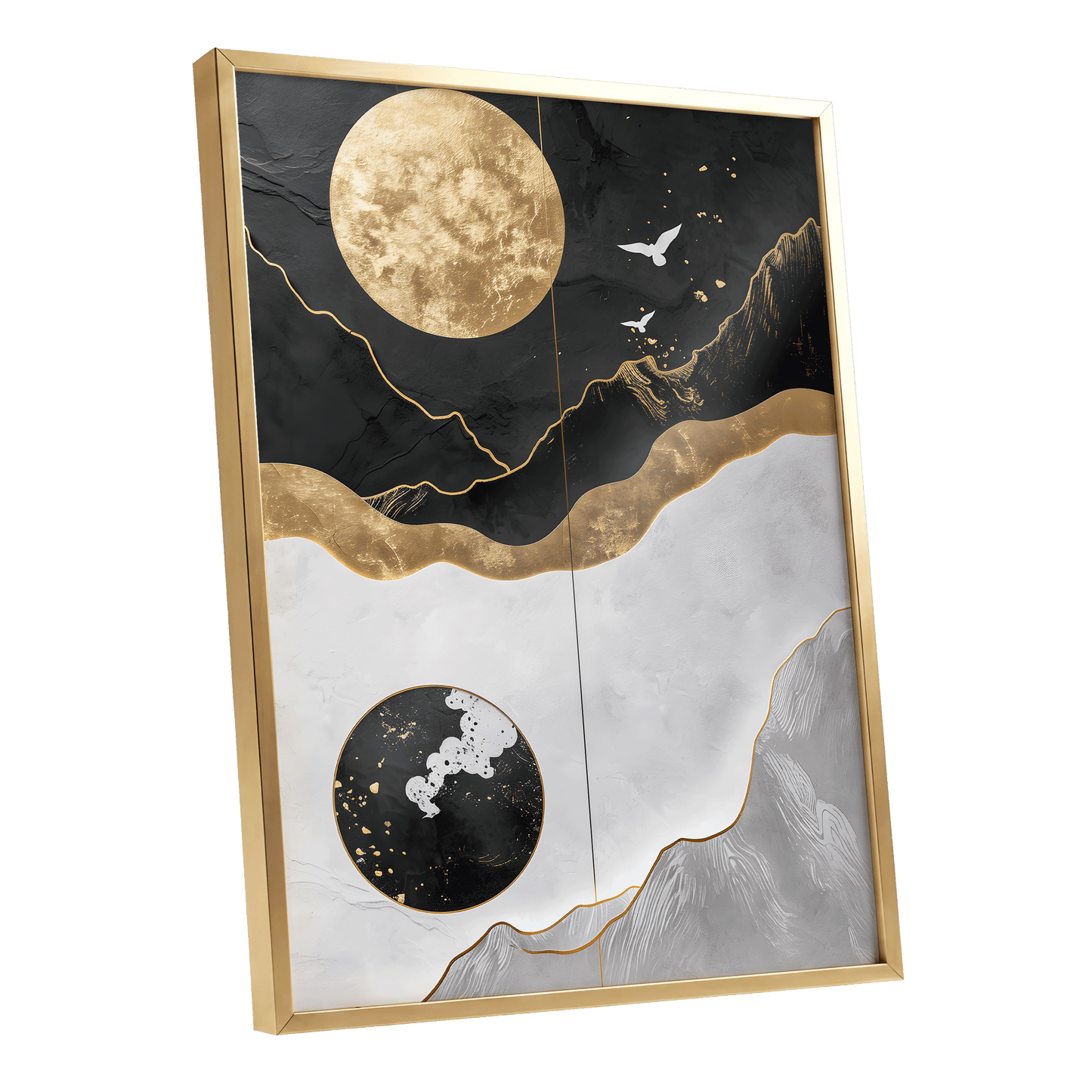 Gilded Lunar Drift, black, gold, white nature wall art shown as a gold framed poster wall art print