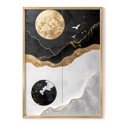 Gilded Lunar Drift, black, gold, white nature wall art, front artwork view