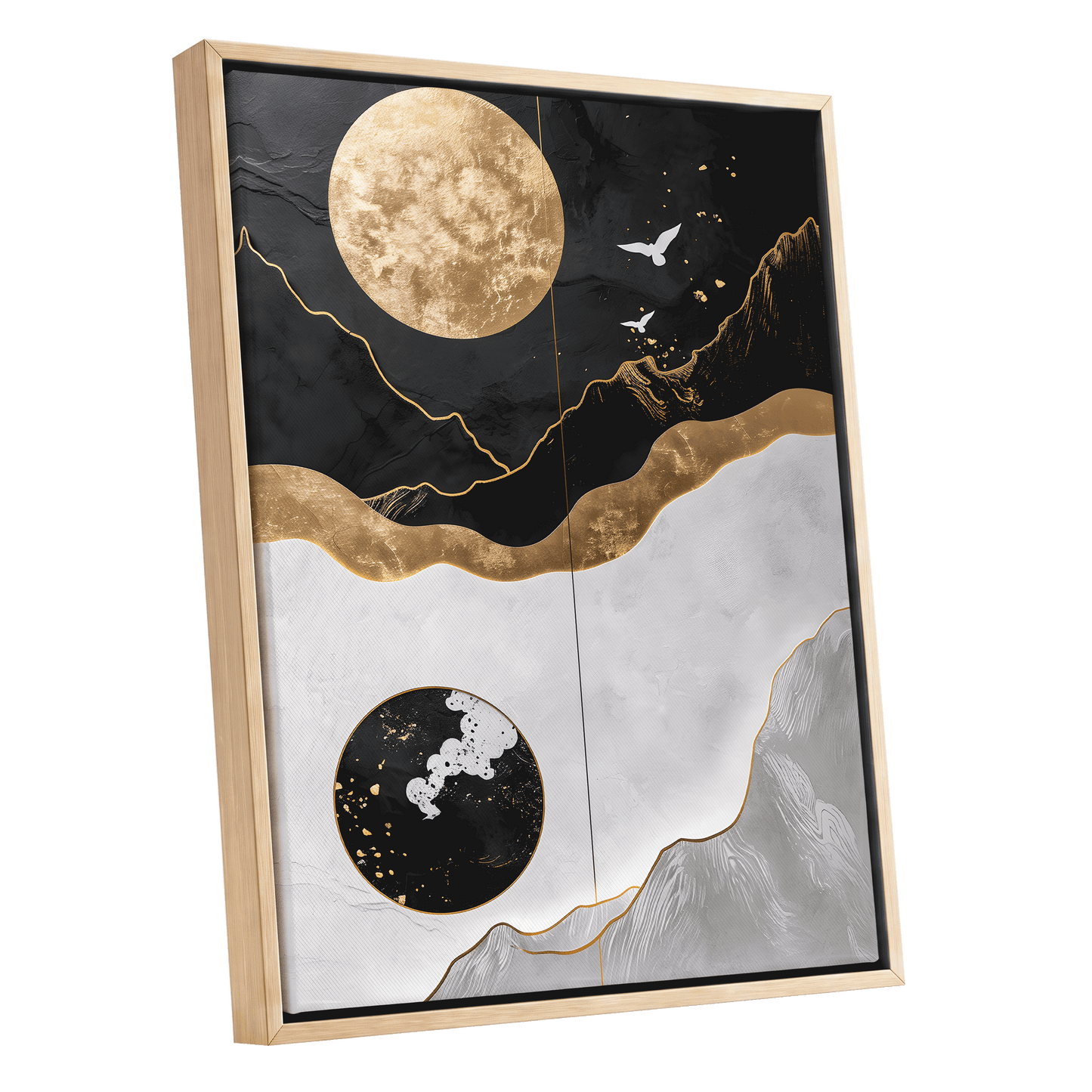 Gilded Lunar Drift, black, gold, white nature wall art shown as a oak framed canvas wall art