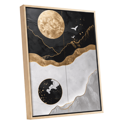 Gilded Lunar Drift, black, gold, white nature wall art shown as a oak framed canvas wall art