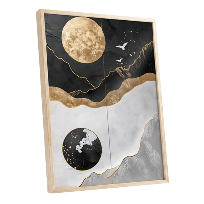 Gilded Lunar Drift, black, gold, white nature wall art shown as a oak framed poster wall art print