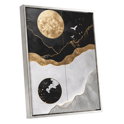 Gilded Lunar Drift, black, gold, white nature wall art shown as a silver framed canvas wall art