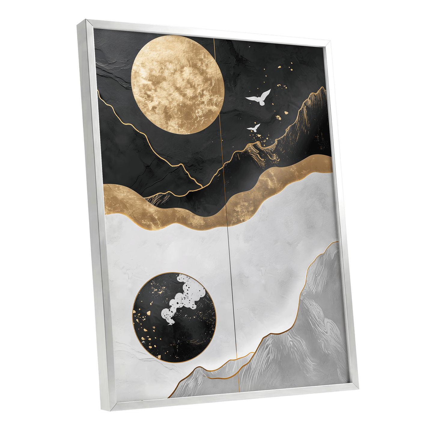 Gilded Lunar Drift, black, gold, white nature wall art shown as a silver framed poster wall art print