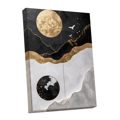 Gilded Lunar Drift, black, gold, white nature wall art shown as a stretched canvas wall art
