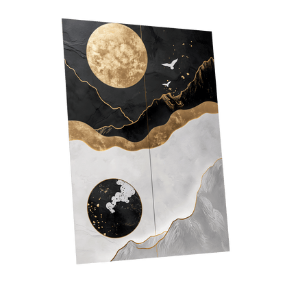 Gilded Lunar Drift, black, gold, white nature wall art shown as a unframed poster wall art print