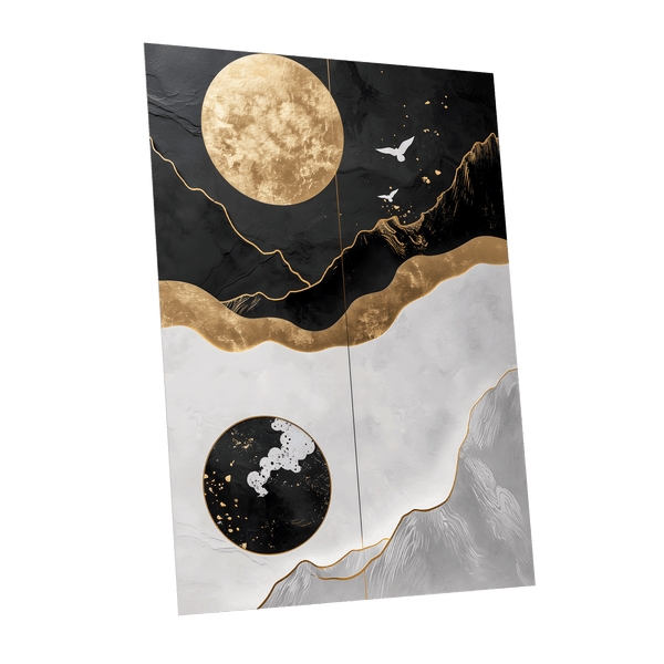 Gilded Lunar Drift, black, gold, white nature wall art shown as a unframed poster wall art print