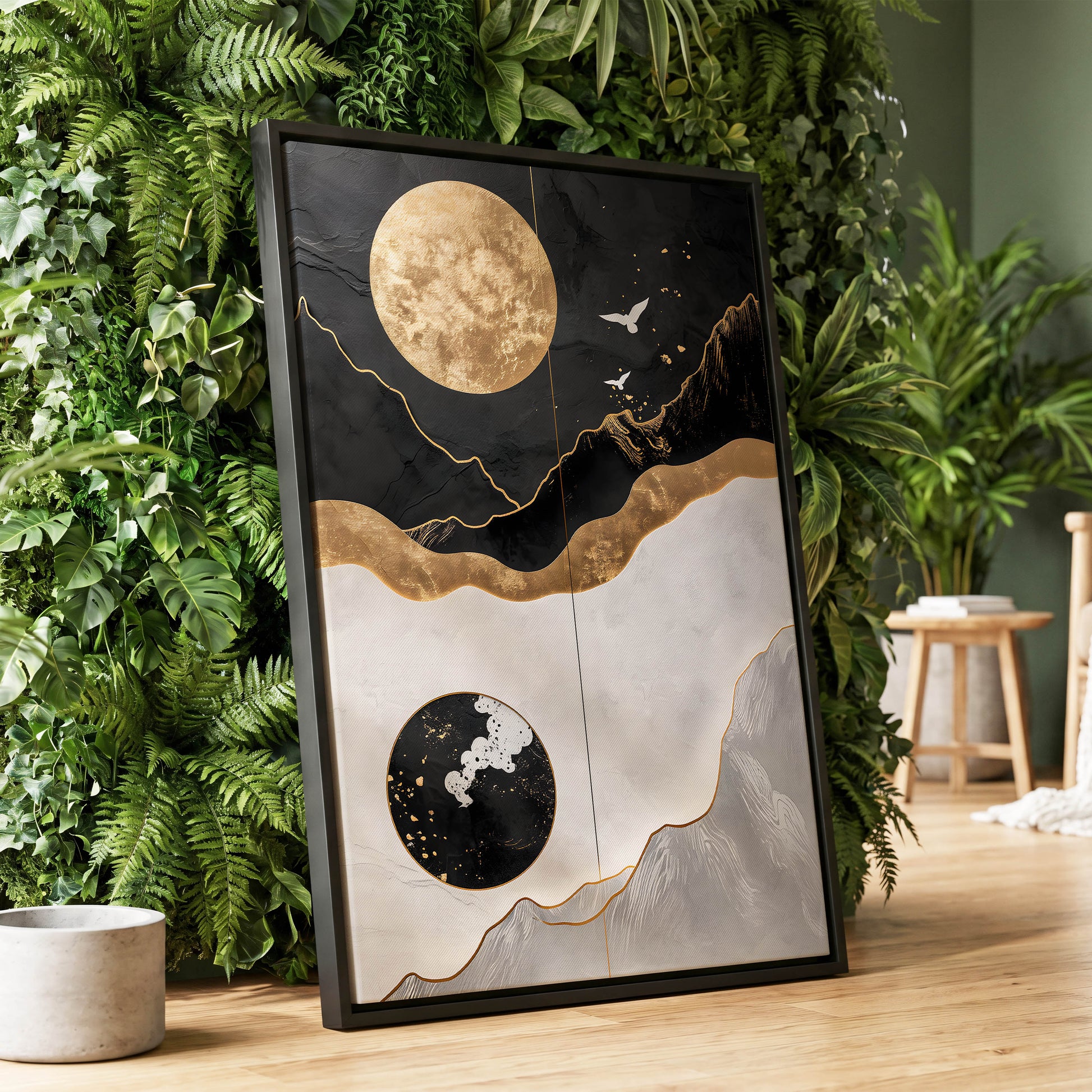 Gilded Lunar Drift, black, gold, white nature wall art displayed in a styled interior, gallery view 1