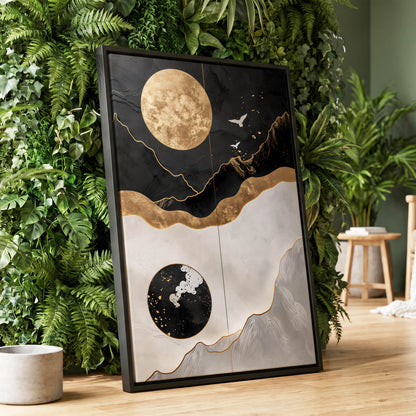 Gilded Lunar Drift, black, gold, white nature wall art displayed in a styled interior, gallery view 1