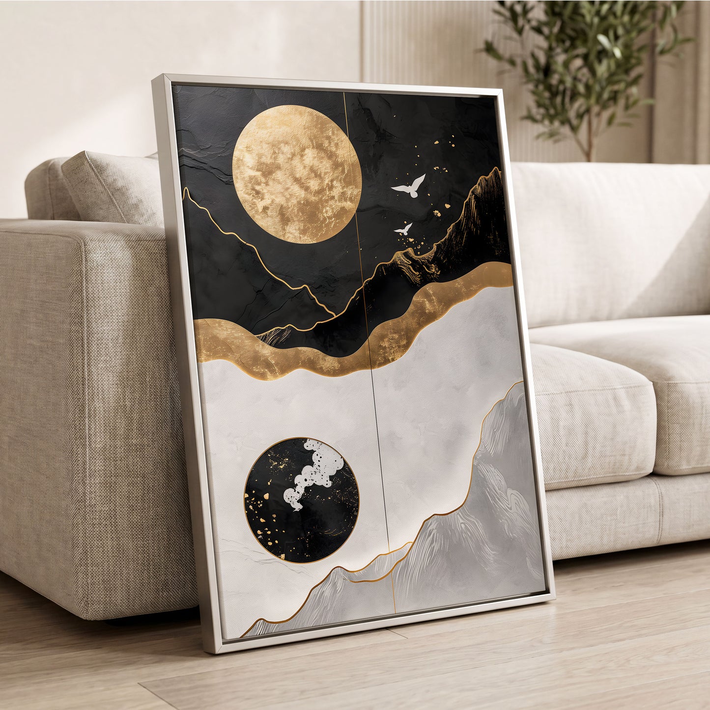 Gilded Lunar Drift, black, gold, white nature wall art displayed in a styled interior, gallery view 2