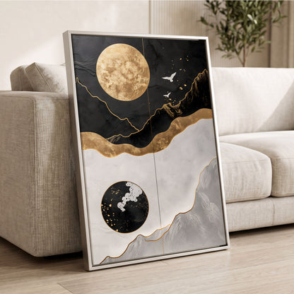 Gilded Lunar Drift, black, gold, white nature wall art displayed in a styled interior, gallery view 2