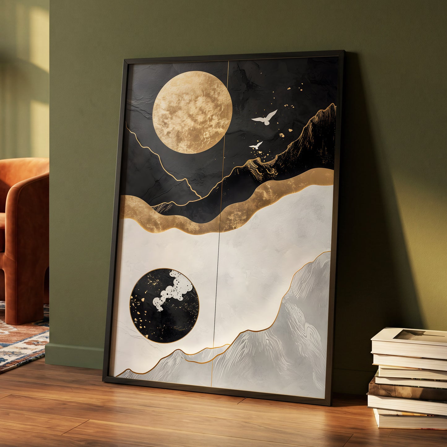 Gilded Lunar Drift, black, gold, white nature wall art displayed in a styled interior, gallery view 4