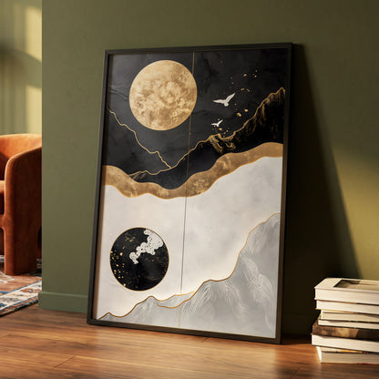 Gilded Lunar Drift, black, gold, white nature wall art displayed in a styled interior, gallery view 4
