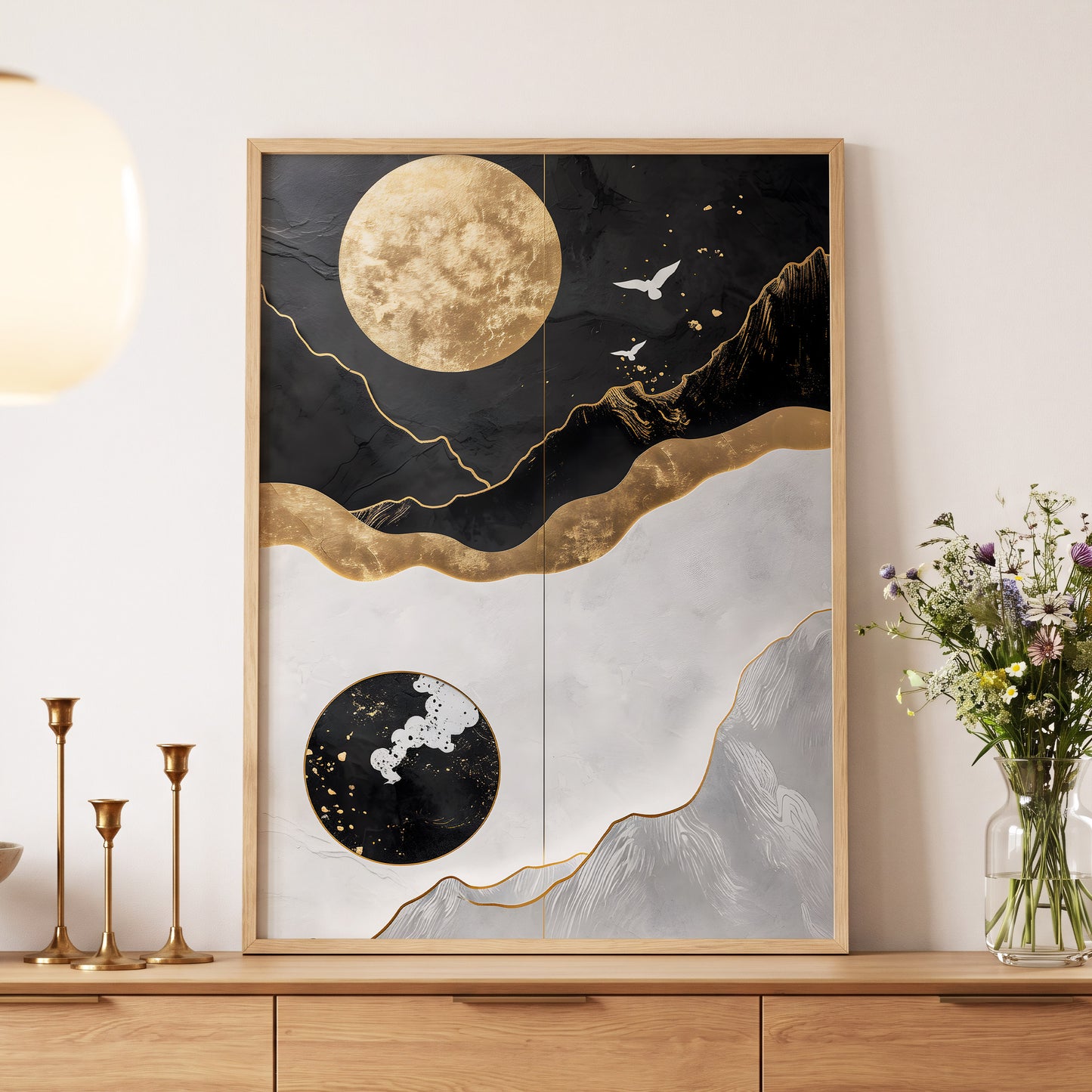 Gilded Lunar Drift, black, gold, white nature wall art displayed in a styled interior, gallery view 5