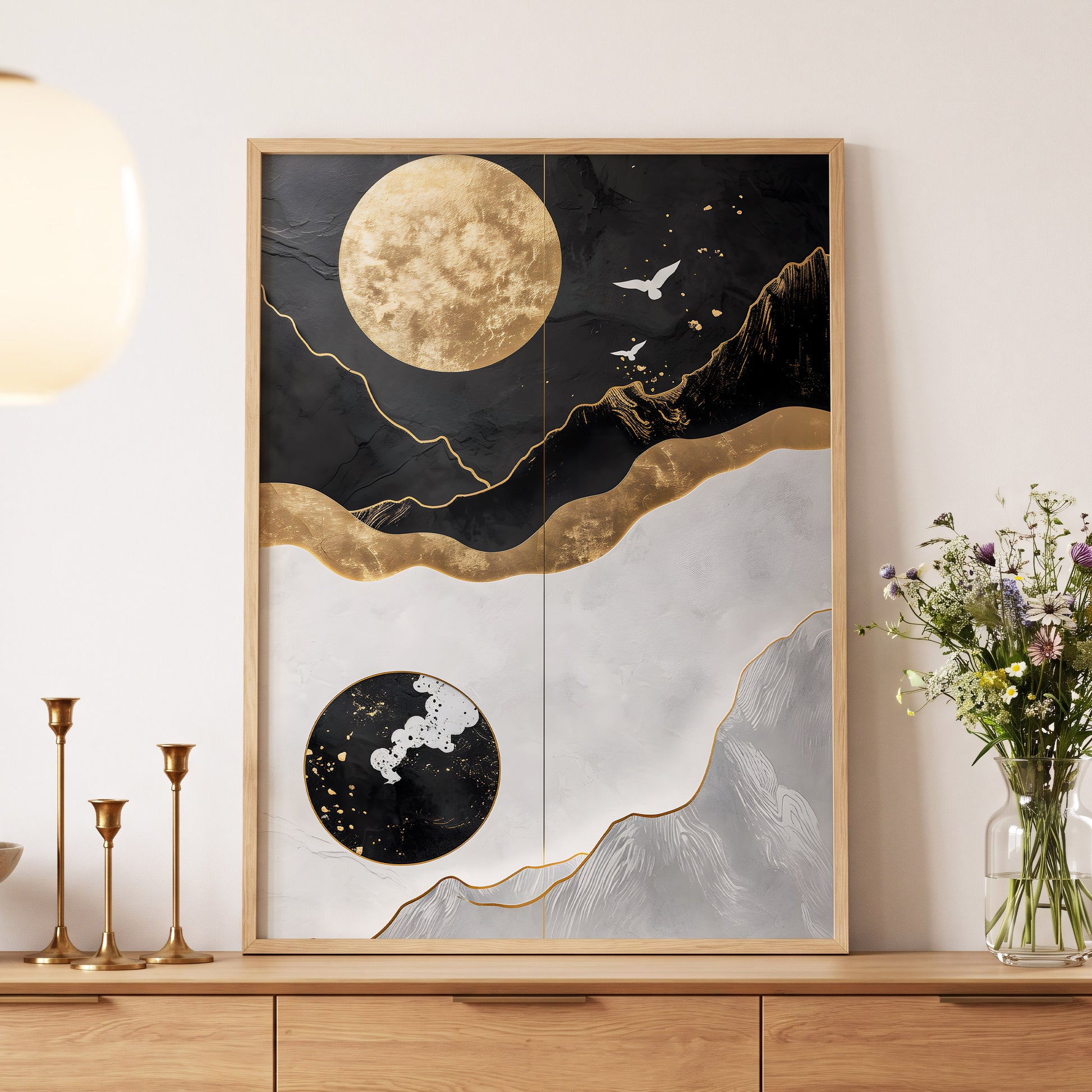 Gilded Lunar Drift, black, gold, white nature wall art displayed in a styled interior, gallery view 5