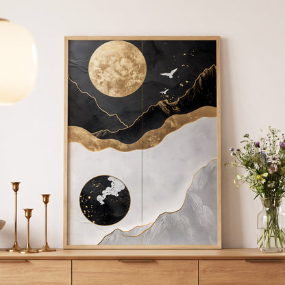 Gilded Lunar Drift, black, gold, white nature wall art displayed in a styled interior, gallery view 5