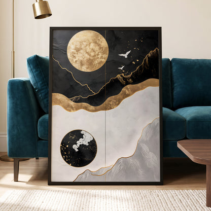 Gilded Lunar Drift, black, gold, white nature wall art displayed in a styled interior, gallery view 6