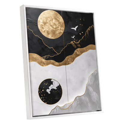 Gilded Lunar Drift, black, gold, white nature wall art shown as a white framed canvas wall art