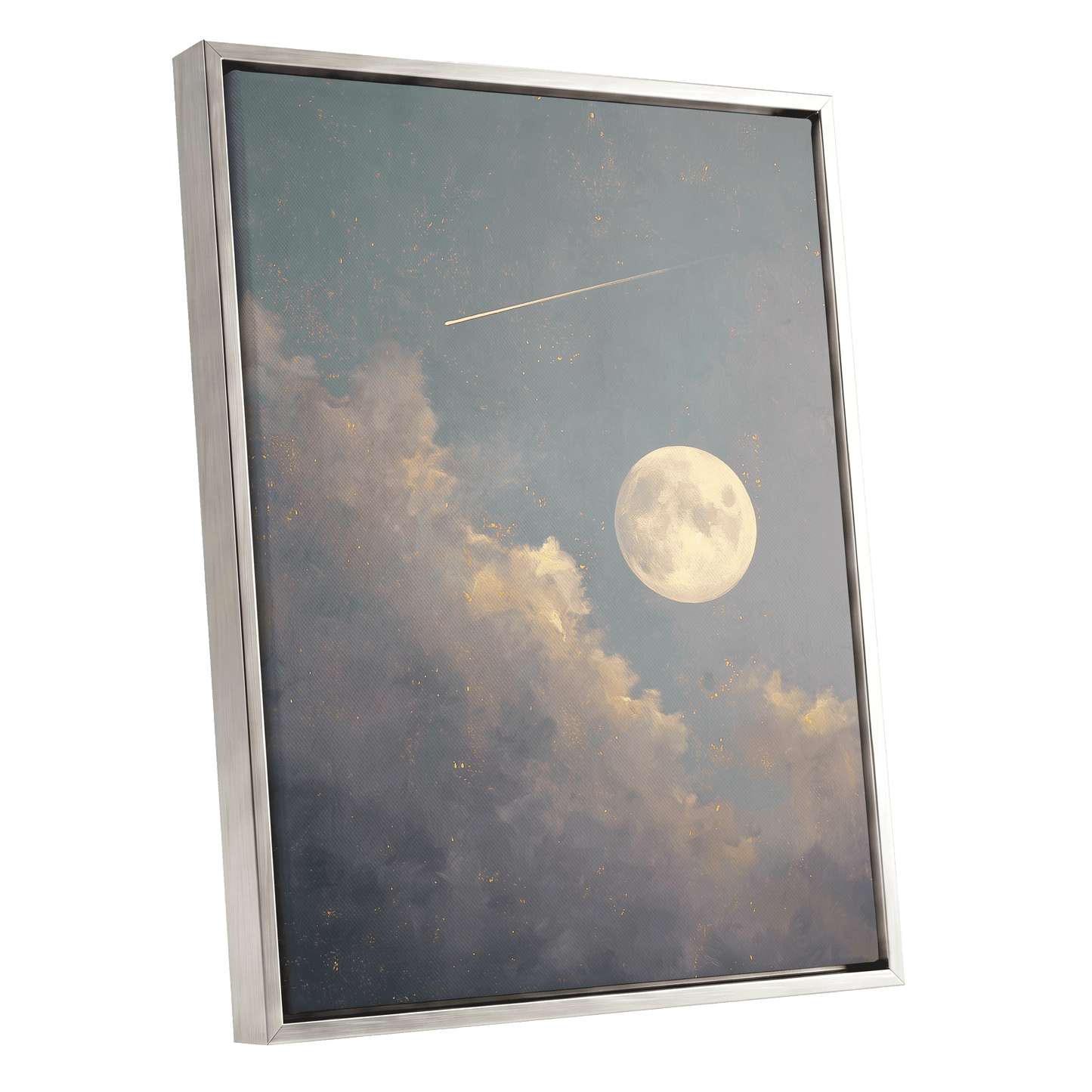 Gilded Moonfall – silver framed canvas option