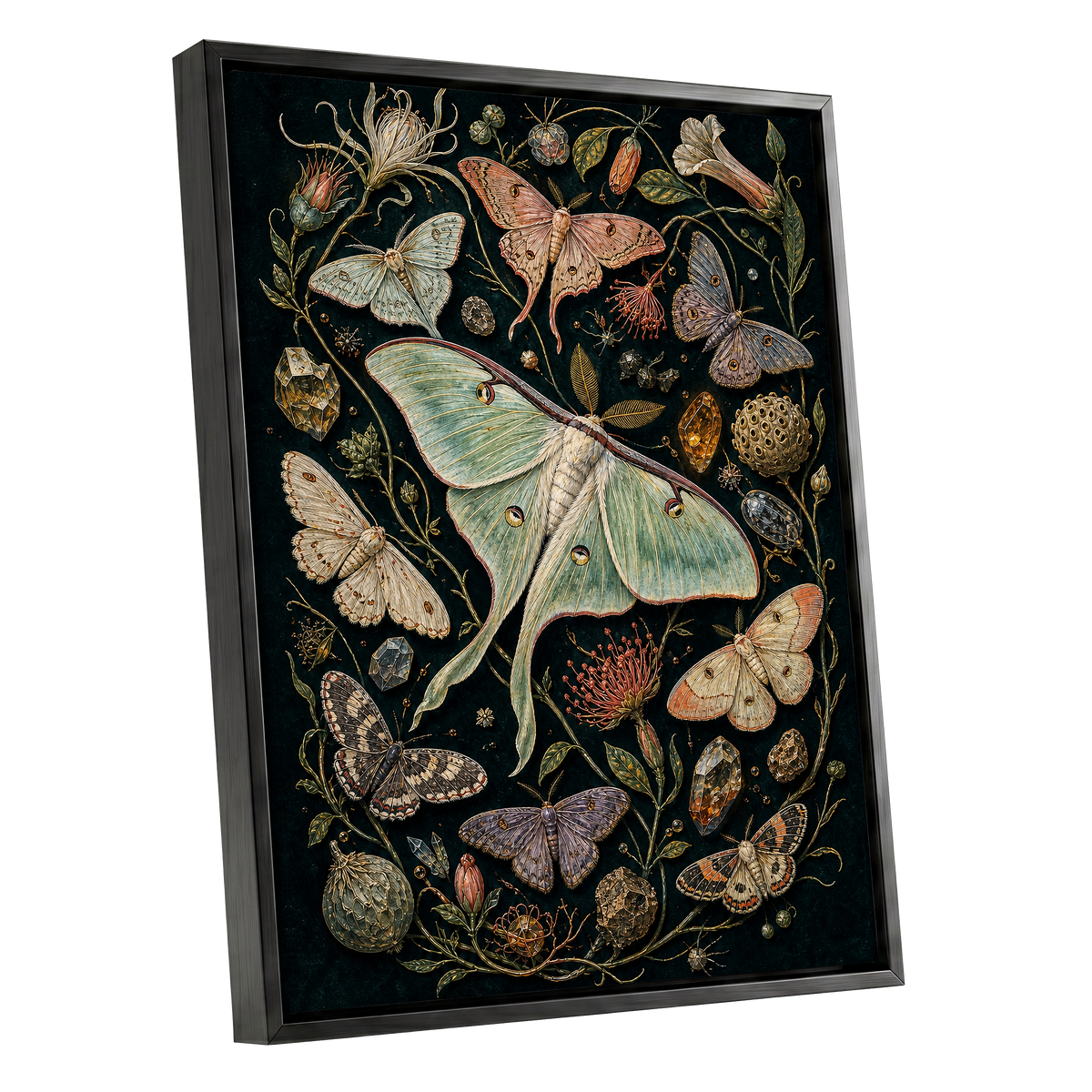 Gilded Moth Garden, black, green, beige nature wall art shown as a black framed canvas wall art